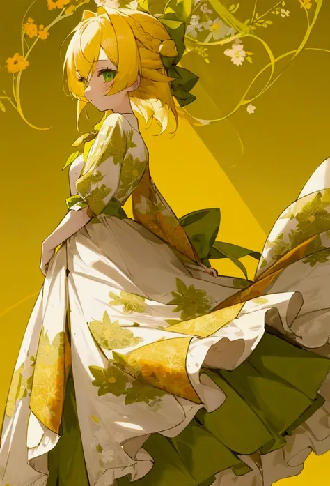 anime girl with light yellow hair mixed with green at each end of her hair, her eye color is light gray, she wears an orange dress and a ribbon on top of her hair. use a floral background