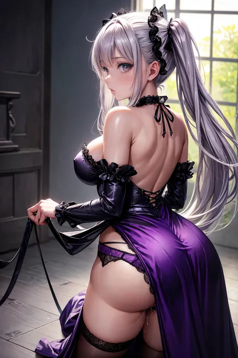 A woman in a gothic lolita dress is standing on the floor, alone, panties, underwear, skirt, (shiny dark purple satin panties:1.3)、panties that cover the butt、garter belt, liar, Knee socks, skirt lift, Looking Back, Realistic，Cute Anime Girl，Ideal Style，Le...