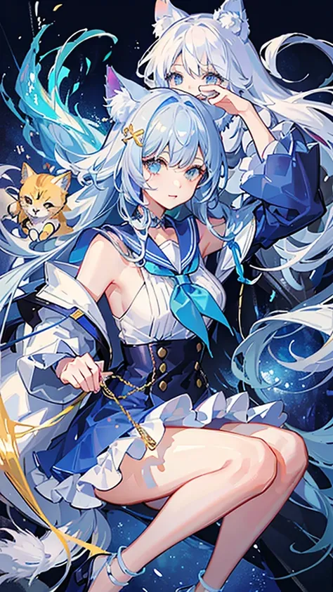 There are lots of animal cats、The girl is playing with the cat、Crystal clear light blue hair、Her hair is gradated and white from the hairline to the middle.、Hair length is up to the knees、A shiny, light blue sailor suit、The hair ornament is glittering gold...