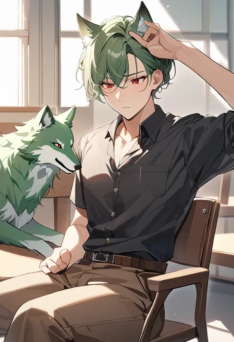 One Chico, Wolf, Green fur，Red eyes，A relatively strong body，Black shirt，Brown pants，sit on the chair，School Teacher，Sunlight，boring，Left hand with strap，Right hand on the head，Exquisite，masterpiece，There is a white spot on the ear