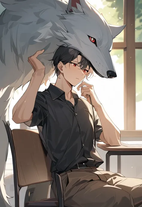 One Chico, Wolf, Green fur，Red eyes，A relatively strong body，Black shirt，Brown pants，sit on the chair，School Teacher，Sunlight，boring，Left hand with strap，Right hand on the head，Exquisite，masterpiece，There is a white spot on the ear