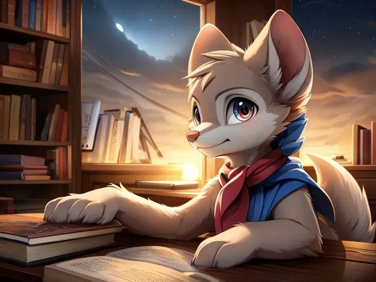 male anthro mouse, cute-fine-face, ultra cute face, cute, flat breast, bright white fur, ((leaning against book shelf)), triumph...