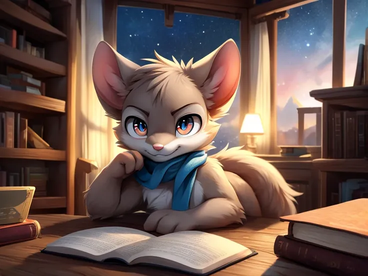 male anthro mouse, cute-fine-face, ultra cute face, cute, flat breast, bright white fur, ((leaning against book shelf)), triumph...