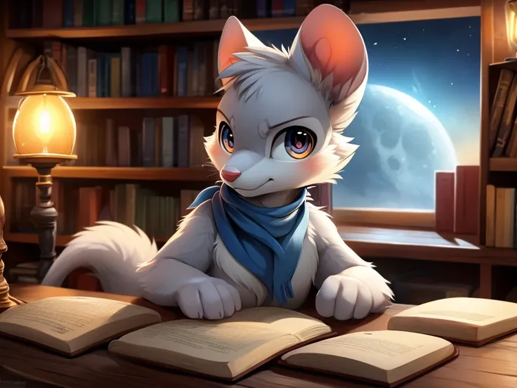 male anthro mouse, cute-fine-face, ultra cute face, cute, flat breast, bright white fur, ((leaning against book shelf)), triumph...