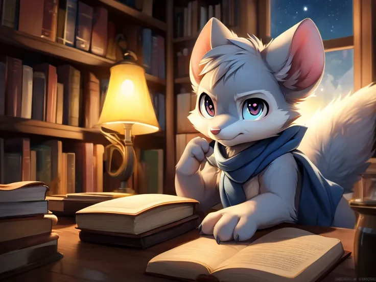 male anthro mouse, cute-fine-face, ultra cute face, cute, flat breast, bright white fur, ((leaning against book shelf)), triumph...