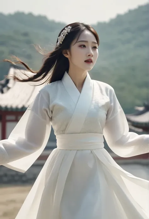 woman in intricate pure white hanbok dress,  Flying on the air like a Chinese movie, in ancient china, professional fashion photography,UHD, 4k