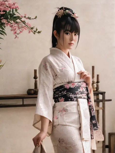 a beautiful picture of suzuka nakamoto xl, detailed skin texture,white,sexy, kimono, full body, masterpiece, photorealistic, wom...