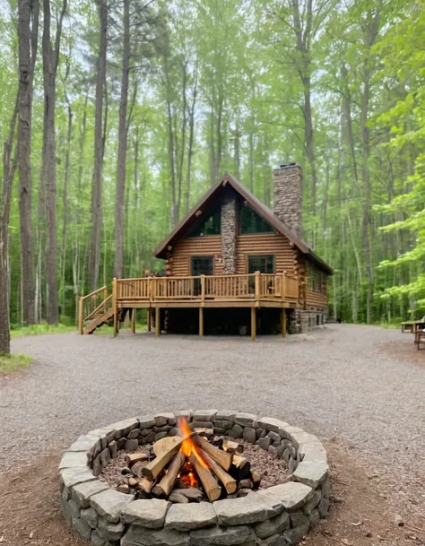 arafed log cabin with a fire pit in front of it, cottage in the woods, log cabin, cabin in the woods, log homes, cottage in the ...