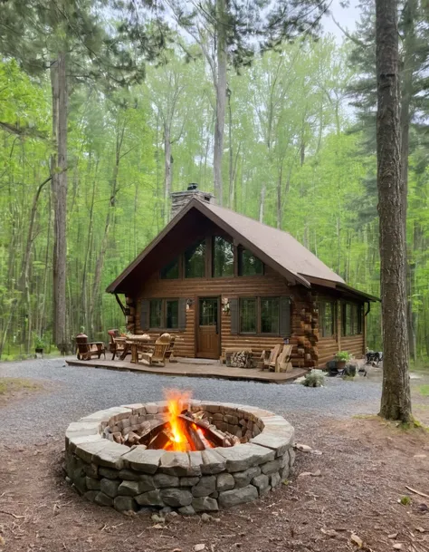 arafed log cabin with a fire pit in front of it, cottage in the woods, log cabin, cabin in the woods, log homes, cottage in the ...