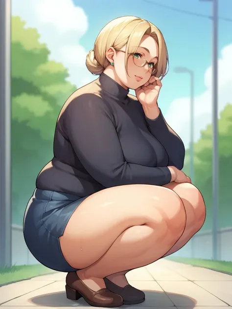 Score_9, score_8_up, score_7_up, source_anime, 1girl, solo, bbw, outdoors, pale, mature female, milf, wearing tantop and mini skirt, green eyes, blonde hair, squatting 