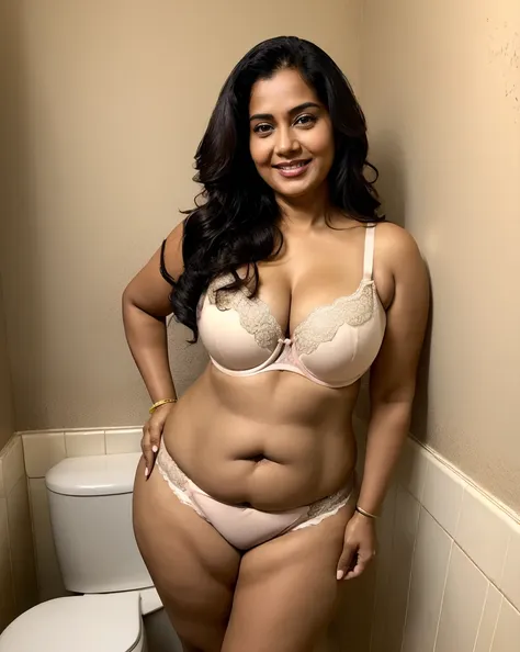 a beautiful gorgeous sexy plump indian 45-year-old woman wearing bra panty, hot body curves, smiley face, standing on bathroom ,