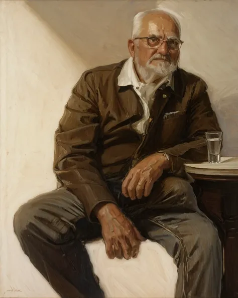 oil painting of an old man ((best work of art)) ((very contrasted image)) ((white background)) brown hair, modern, jeans, curren...