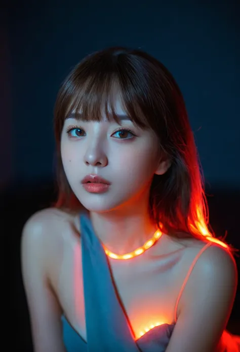 8k, best quality, 1 girl, (skin indentation), night, (dark), indoor clear background, (people), beautiful bangs, gorgeous,, (clo...