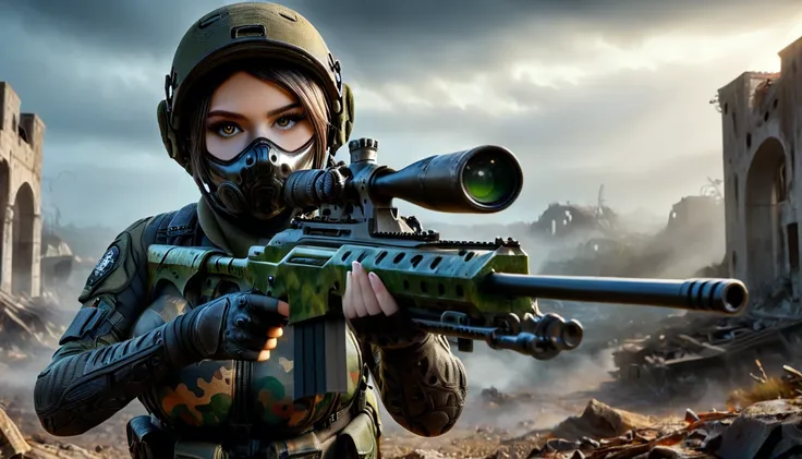 young and very beautiful female sniper, aiming the muzzle of her sniper rifle at the viewer, detailed ideal proportions, shapely...