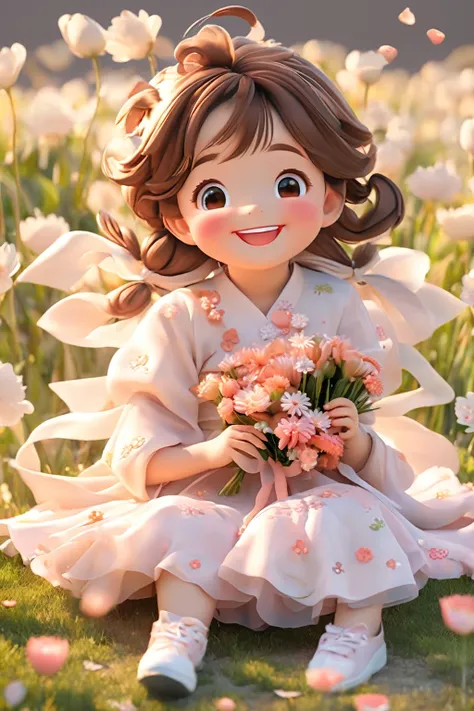 someone sitting on the ground，A bouquet of flowers in the hair, Sweet laugh, Cute numbers, Gentle and happy smile, Soft surprised smile, Lovely smile, Cute numbers艺术, Lovely smile, Sweet smile, Happy expression, Happy girl, Smiling girl, Cute smiling face,...