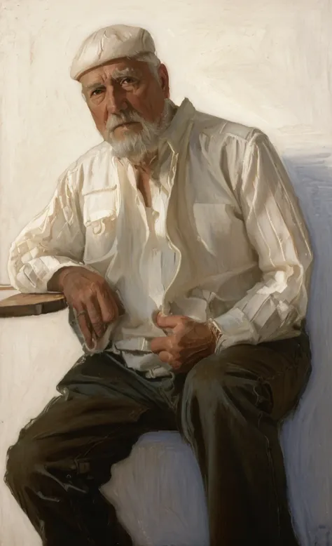 oil painting of an old man ((best work of art)) ((very contrasted image)) ((white background)) brown hair, modern, jeans, curren...