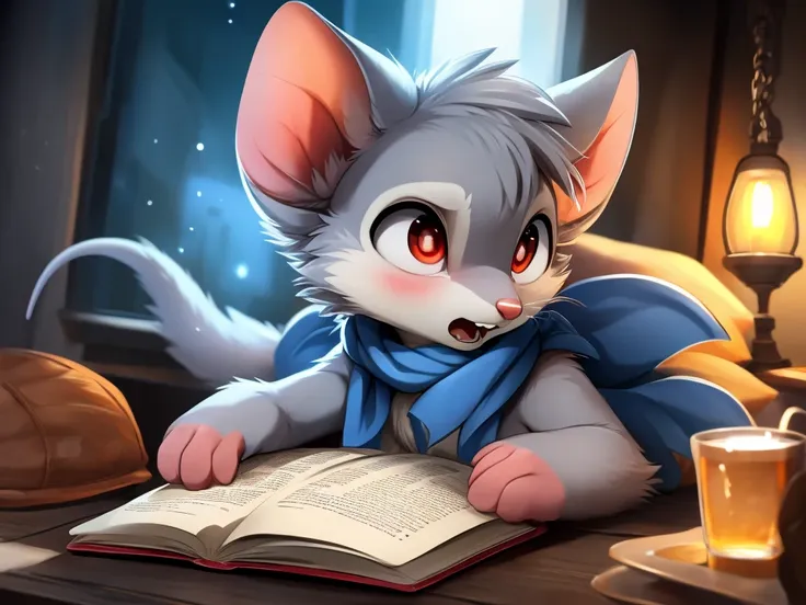 male anthro mouse aroused reading porn magazine, lying on the bed, angry eyes, open mouth, (masturbating), heavily blushing, ((l...