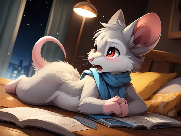 male anthro mouse aroused reading porn magazine, lying on the bed, angry eyes, open mouth, (masturbating), heavily blushing, ((l...