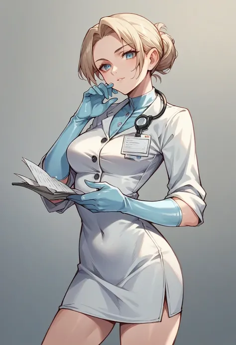 1girl, ((light blue elbow gloves)), ((surgical gloves)), ((latex gloves)), ((long sleeves)), ((black doctor outfit)), looking at viewer, standing, solo