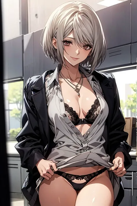 (Highest quality, High resolution, Very detailed), Silver Hair, Super short hair, Reddish brown eyes, office staff suit skirt, lace thong bra, Large Breasts, necklace, secretary, 24th generation, Beautiful woman, mature, quiet, Calm, A small smile, office,