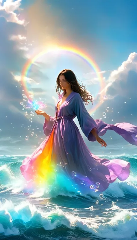 Mysterious glowing spell casting girl, ((Fantasy Rainbow Ocean)), Vibrant colors, Fantastic Light, Detailed speech bubbles, Magical atmosphere, Nice views, Dreamy atmosphere, Sparkling, Roomy robes, The magic touch, Mysterious creatures, ((Sparkling waves)...