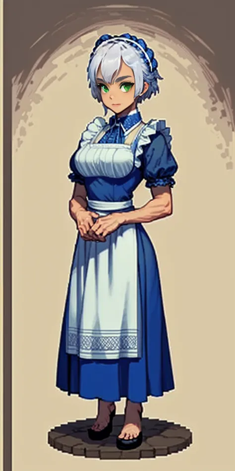 (masterpiece, top quality, best quality) pixel art, 1girl full body toe to head, white hair, green eyes, blue maid dress