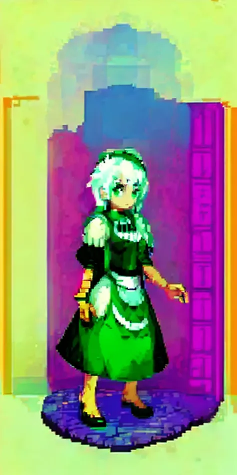 (masterpiece, top quality, best quality) pixel art, 1girl full body toe to head, white hair, green eyes, blue maid dress