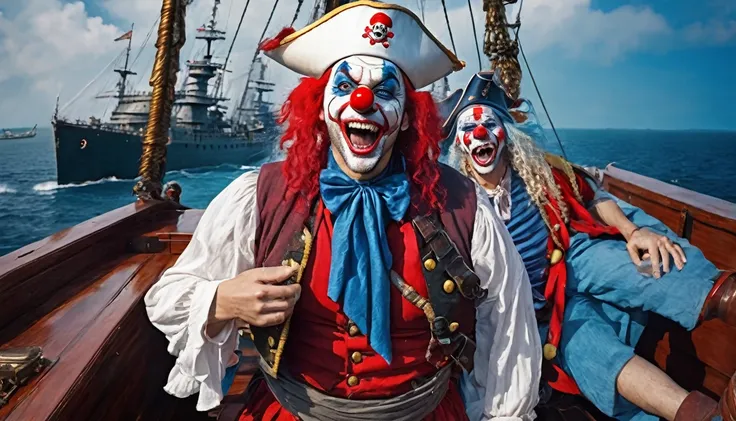 masterpiece, best quality, extremely detailed, hyperrealistic, photorealistic, a cool 40s man, ultra detailed face, clown makeup, red pirate hat, white skin, red nose, long blue hair, on detailed battle ship with canon, shooting canon:1.2, gun fire effects...