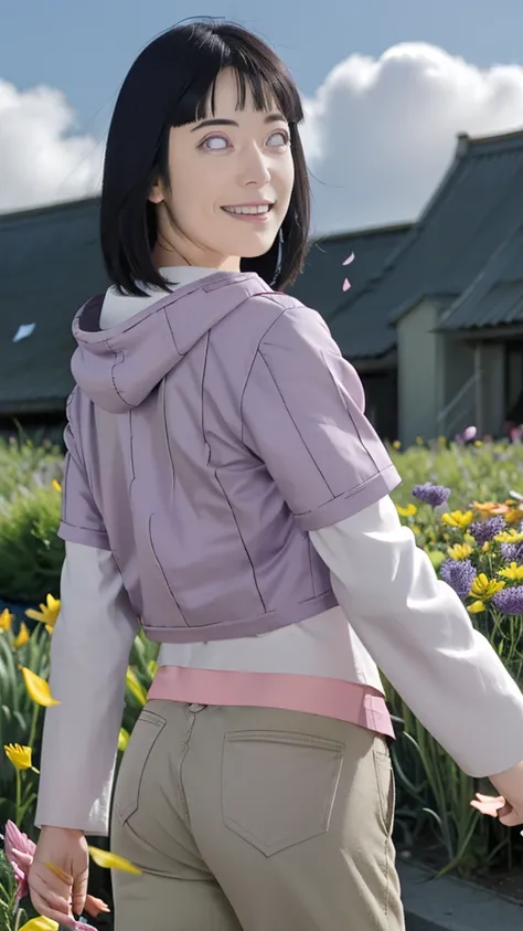 masterpiece, absurd, (intricate details), raelistic, (colorful), cinematic lighting, highly detailed 8k, hinata(boruto), 1girl, solo, purple hoodie, brown pants, from behind, layered sleeves, cowboy shot  , looking back, looking at viewer,smiling, outdoors...