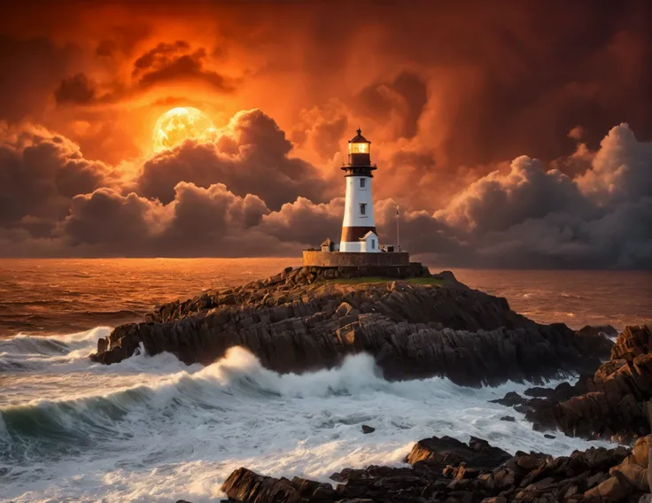 an isolated iron lighthouse shining light out to sea at night as it sits on a rocky stone island being battered by huge ocean waves, smoky orange clouds filling the sky, "symmetrical imag