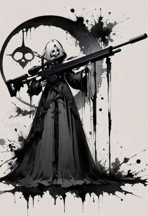 Grim Sniper，Holding a huge sniper rifle，Gothic，Minimalism，Linear Theory，Lots of white space，Ink Painting，Abstract,