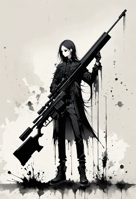 Grim Sniper，Holding a huge sniper rifle，Gothic，Minimalism，Linear Theory，Lots of white space，Ink Painting，Abstract,