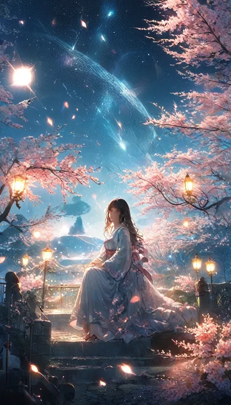 masterpiece, Concept Art, Panorama, in the center, shape, Wide Shot, garden, night, (meteor), Space galaxy background, (Great composition, Epic scale), Dynamic Lighting, Bright colors, cherry blossoms,1 Girl,