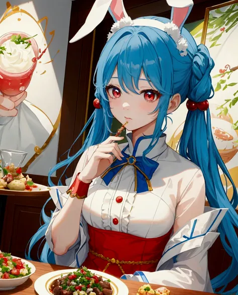 ((최고의 품질)), ((걸작)), (상세한), 여자 1명,Create an anime-style digital artwork of a character with long, blue hair tied into twin tails with bangs, and bright red eyes. The character has rabbit white ears and is wearing a stylish party dress. The setting is a gran...