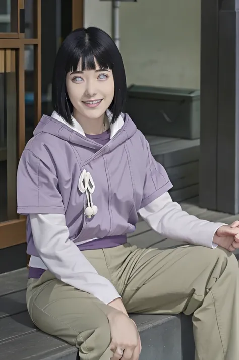 masterpiece, absurdres,hinata(boruto), 1girl,mature female,  solo,  purple hoodie,layered sleeves,  brown pants, outdoors, smile, looking at viewer,  cowboy shot,sitting, 