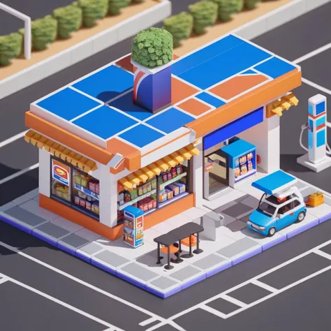 convenience store，street lights，outdoor dining tables and chairs，crossroads，gas station，car，isometric art, 3d isometric, isometr...