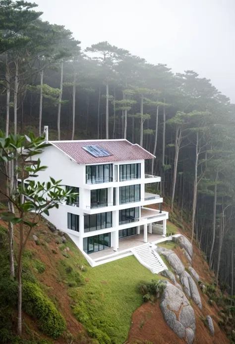 A beautifully designed modern two-story house with a tiled roof, perched on a hill with a view of a pine forest in Da Lat, Vietnam. The house’s second floor features white walls, and the first floor is stone-clad. The image captures a cozy and foggy aftern...