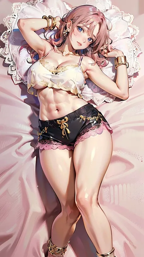 ((Highest quality, 8k, masterpiece :1.3)), (Sharp focus :1.2, Beautiful woman with perfect figure :1.4, Slim Abs :1.2), ((Big Breasts, Emphasize cleavage, The underboob is visible:1.3)), (Photorealistic:1.4), (realistic:1.4), (Pink Hair:1.5), Highly detail...