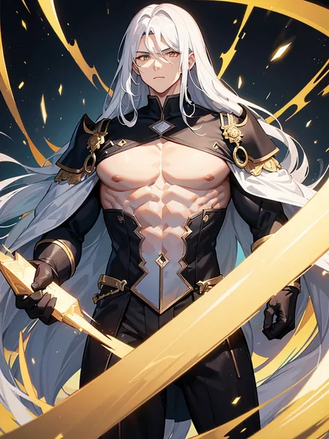 Man with long white hair, twenty years old, muscled body, Black Suit, gold eyes, strong body, mighty, epic