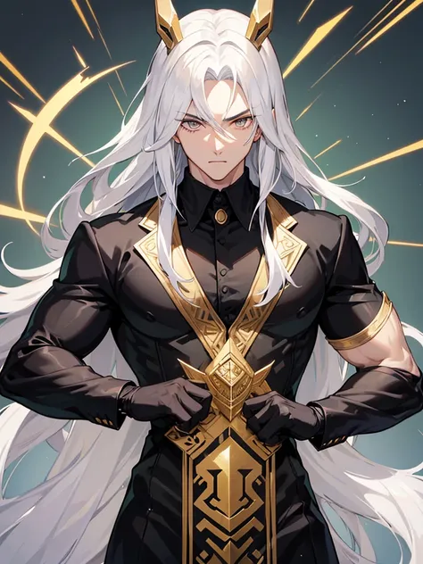 Man with long white hair, twenty years old, muscled body, Black Suit, gold eyes, strong body, mighty, epic