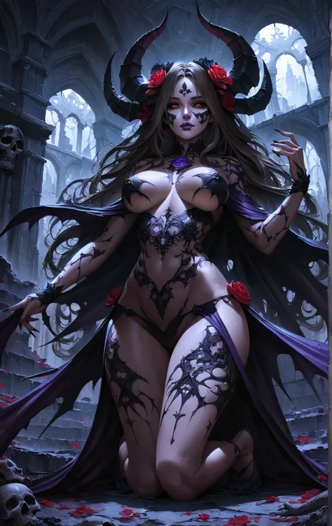 from below, 1girl, full body portrait, succubus, day of the dead facepaint and bodypaint, kneeling on the floor with open legs, scary detailed art in color, aroused expression, busty, curvy hips, sexy, alluring, posing with open legs, sheer lowleg panties,...