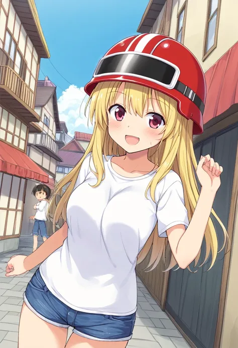 One Girl、15 years old、Blonde（Straight Hair）、redいモーターサイクルに乗る、Helmet（red）、White T-shirt、Shorts（jeans）、In town