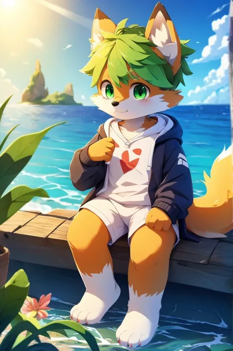 Furry,Fox,boy,8k resolution,最high resolution,                   high resolution,Seascape,In a hoodie,Green Eyes,summer