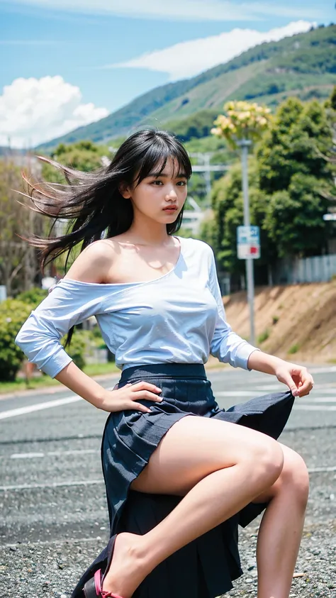 (((Big Breasts:1.52)))、((Viewing angle from below、Highest quality、masterpiece、32k、Every detail))、Descend the outdoor stairs、commute、Systemic symptoms、Very tight camisole、Pleated skirt、(((A strong wind blows my hair and skirt away:1.62)))、((The shoulder str...