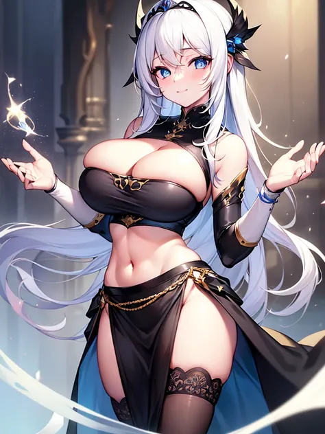 solo, (masterpiece), (beautify), (alone), (young adult), ((white hair)), medium hair, tiara, (blue eyes), smile, black clothes, bare midriff, bare stomach, black dress, cleft of venus, (huge breasts), underboob, detached sleeves, blue aura