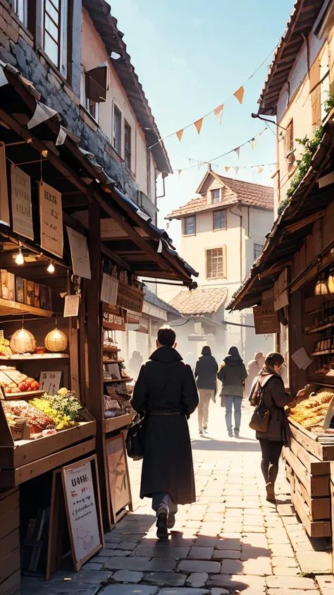 Draw a scene in a medieval market And there were people walking around in chaos. in the Romanesque era