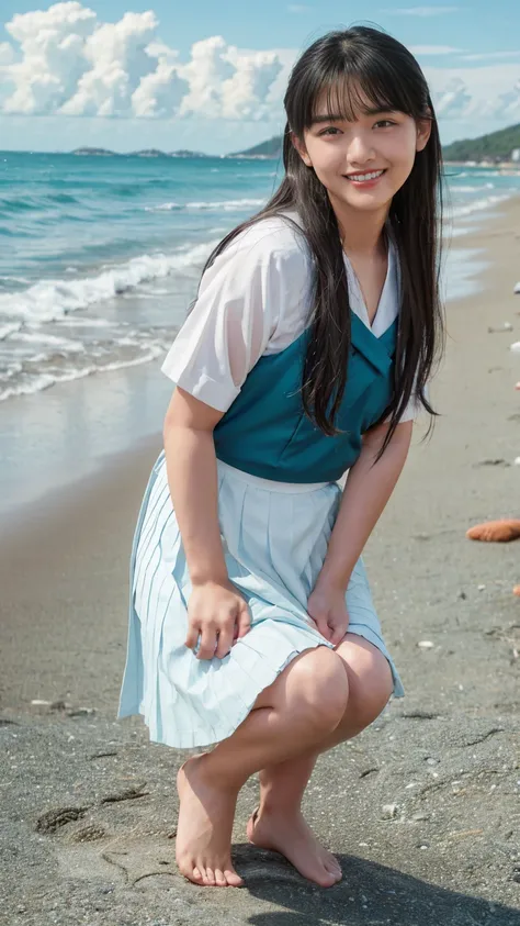 (((sunny day、Cute Japanese Woman、Beach、A strong wind is blowing、Her hair and skirt are flying、squat, Scooping up seawater and spreading your hands、Traditional navy blue sailor uniform、White blouse、Pleated skirt、Playing in the sea:1.25、splash、Pouring water ...