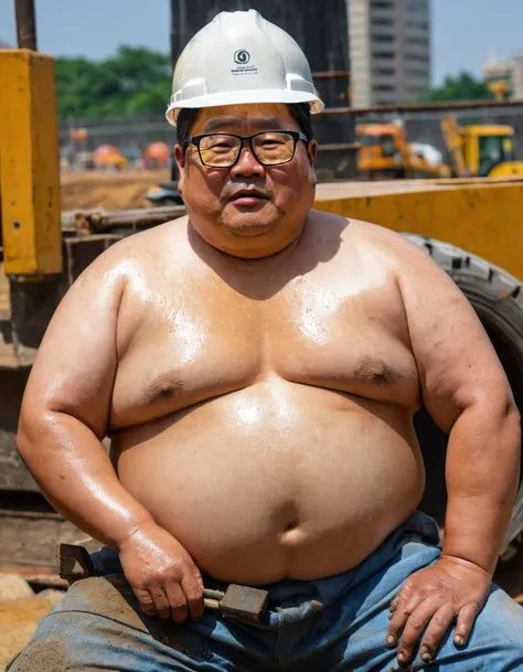 Male, Fat, Chubby, Asian, 50 years old, working in construction, Sitting, Working, Stained, Dirty, Wet, eye glasses, not wearing a shirt, Shirtless, wearing a safety hat.