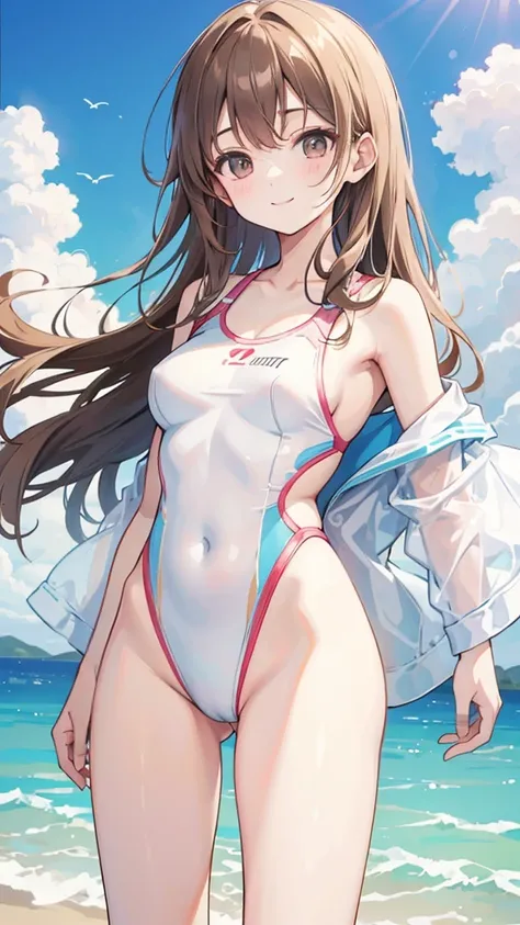 White competitive swimsuit　Brown wavy hair　Young sister　Great style　A gentle smile　She&#39;s wearing nothing but her swimsuit