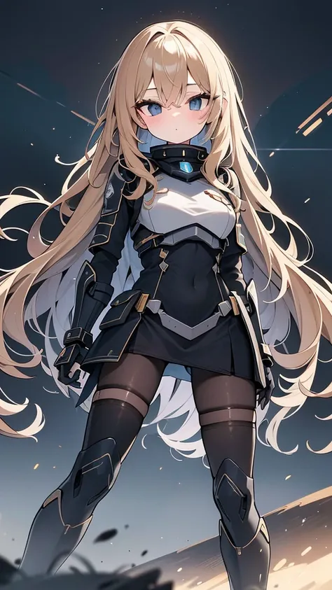 Big black eyes, aura, long wavy hair of light brown color,, Black and blue sci-fi armor, SF wind, high quality, atmosphere, war